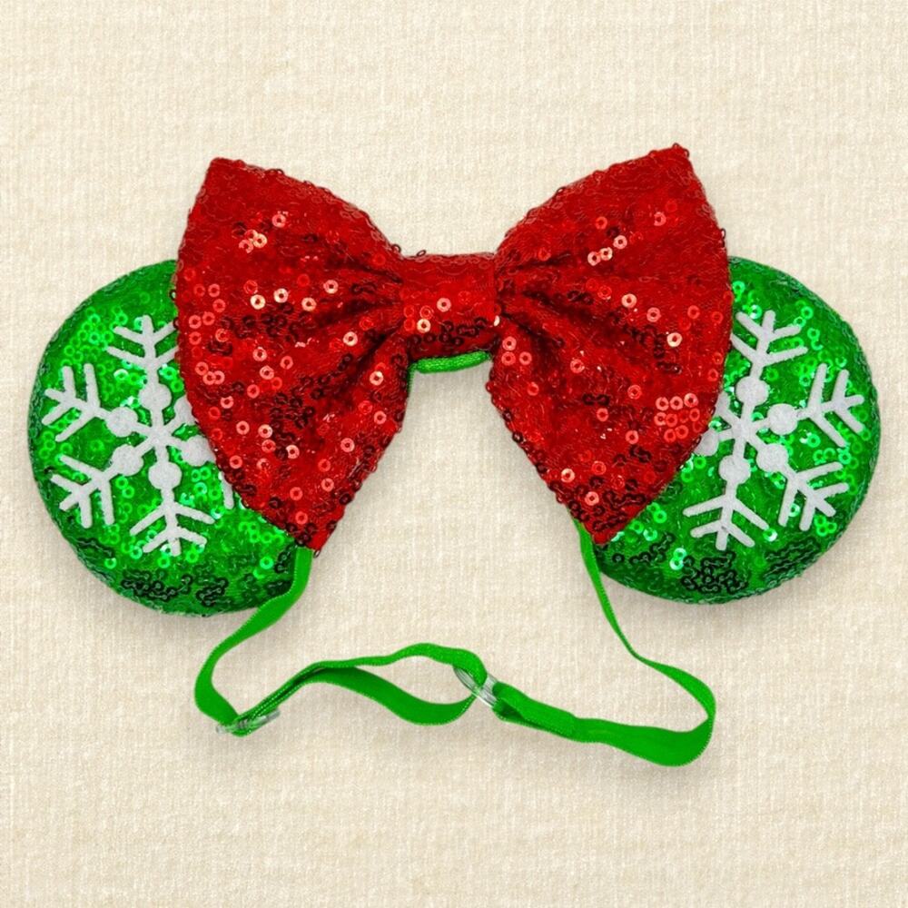 Elastic Green Snowflake Minnie Ears | Disney-Inspired Christmas Mouse Ears